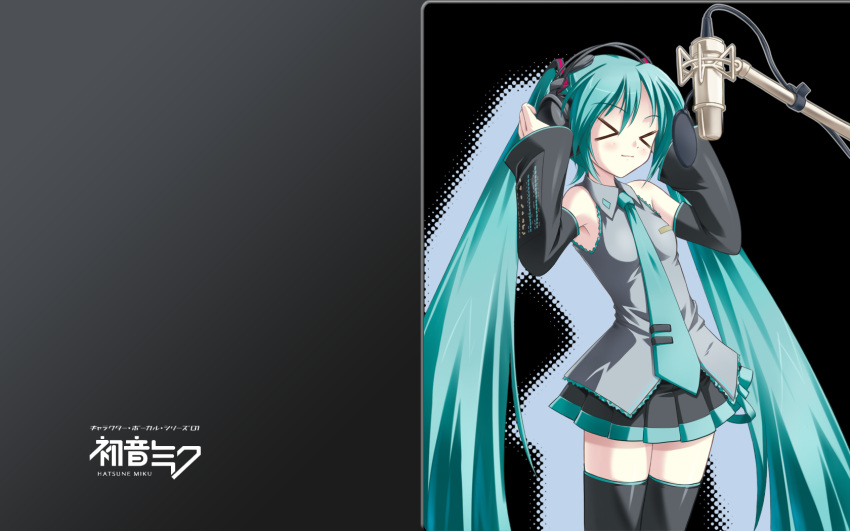 &gt;_&lt; :3 closed_eyes detached_sleeves hands_on_headphones hatsune_miku headphones microphone solo twintails vocaloid