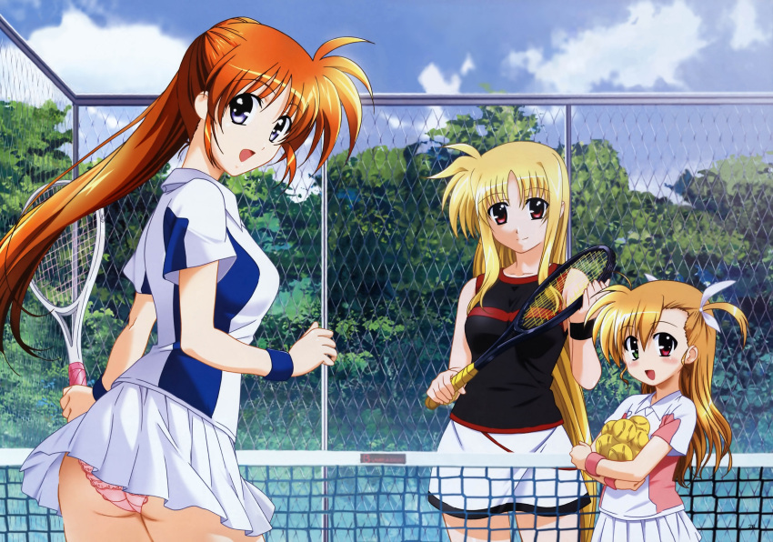 3girls frilled_panties frills hair_ribbon heterochromia highres holding long_hair mahou_shoujo_lyrical_nanoha mahou_shoujo_lyrical_nanoha_strikers okuda_yasuhiro outdoors panties pantyshot ponytail racket short_sleeves skirt sleeveless sportswear takamachi_nanoha tennis tennis_court tennis_racket tennis_uniform underwear very_long_hair vivio wristband