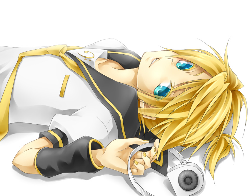blond_hair blue_eyes detached_sleeves headphone kagamine_len laying_down nails pony_tail smile necktie vocaloid white