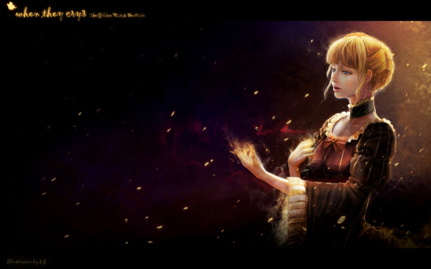 artist_name bangs beatrice blonde_hair blue_eyes bow brooch burning character_name choker dress face fire flower frills highres jewelry letterboxed libert lips petals realistic solo tears umineko_no_naku_koro_ni wide_sleeves
