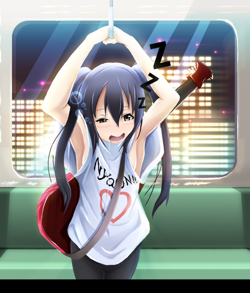 arms_up black_eyes black_hair drooling guitar heart highres instrument k-on! kazuna nakano_azusa saliva solo train train_interior twintails