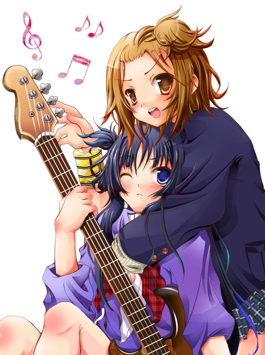 black_hair blue_eyes brown_eyes brown_hair guitar highres hoodie instrument k-on! long_hair no_thank_you no_thank_you! parka sakura_fuuto school_uniform short_hair tainaka_ritsu wink