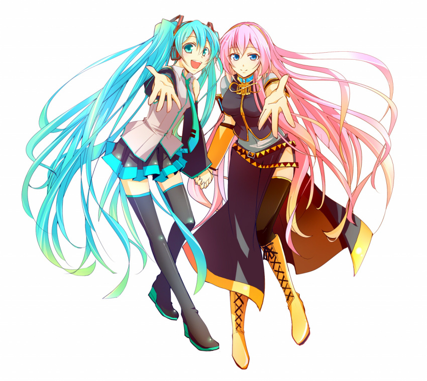 aqua_eyes aqua_hair belt boots detached_sleeves haru_aki hatsune_miku holding_hands knee_boots legs long_hair megurine_luka multiple_girls necktie outstretched_hand pink_hair simple_background skirt smile thigh-highs thigh_boots thighhighs twintails very_long_hair vocaloid