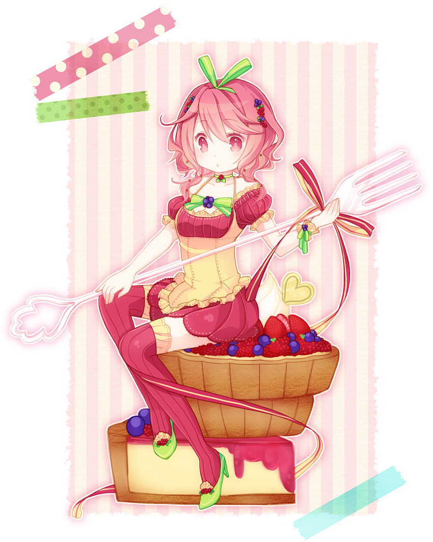 blueberry bow cake food food_themed_clothes fork frills fruit hair_bow heart highres original personification pink_legwear raspberry ribbon solo strawberry thighhighs vertical-striped_legwear vertical_stripes