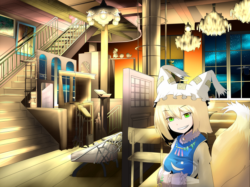 cameo chair chandelier fox_tail green_eyes grin hands_in_sleeves hat highres hong_meiling indoors jewelry konpaku_youmu multiple_tails necklace night picture riipha_(artist) short_hair smile stairs tail touhou window yakumo_ran