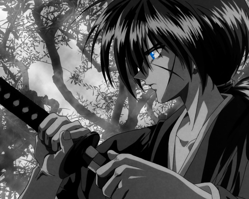 black blue_eyes himura_kenshin jpeg_artifacts rurouni_kenshin sword weapon white