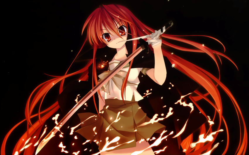 alastor bandage black long_hair muramasa_ryuunosuke red_eyes redhead seifuku shakugan_no_shana shana sword weapon