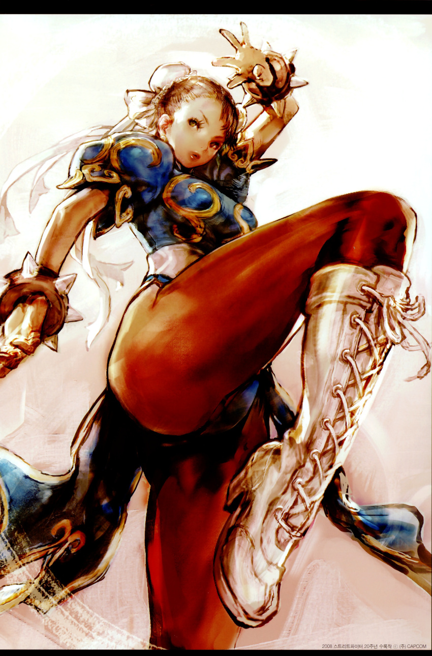 boots bracelet brown_eyes brown_hair bun_cover china_dress chinese_clothes chun-li double_bun highres jewelry legs pantyhose short_hair spiked_bracelet spikes street_fighter thick_thighs thighs