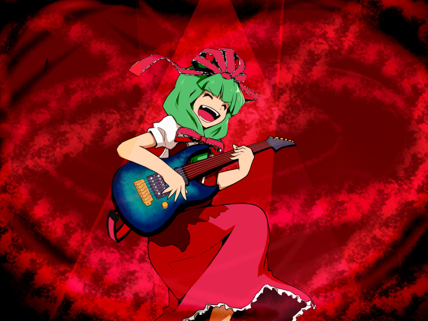 electric_guitar green_hair guitar instrument kagiyama_hina ribbon taniya_raku touhou