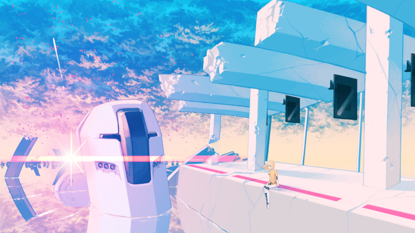 1girl absurdres android asgr blonde_hair bottomless concrete highres original petals rubble scenery science_fiction shirt short_hair sitting sky solo sun