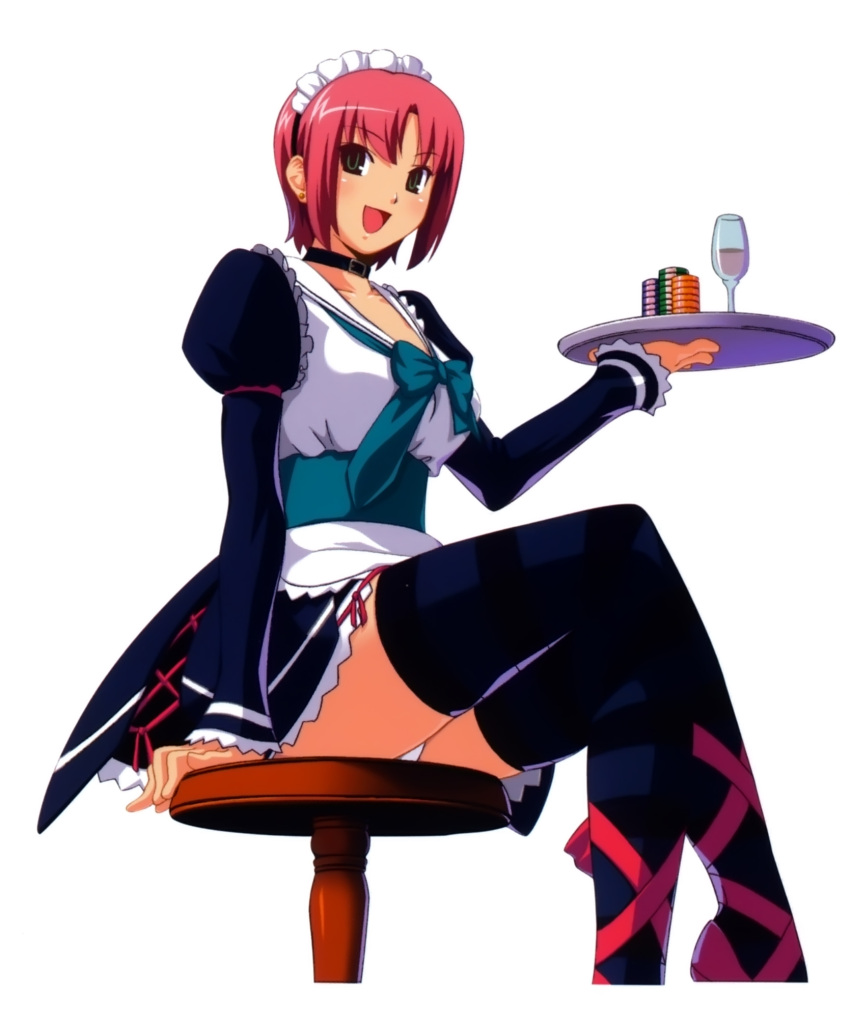 blush breasts collar crossed_legs cup dress earrings female highres jewelry legs maid maid_headdress panties pink_hair poker_chips ribbon rio_rollins shoe_ribbon shoes short_hair sitting smile solo stool super_blackjack thigh-highs thighhighs tray underwear waitress wine_glass zettai_ryouiki