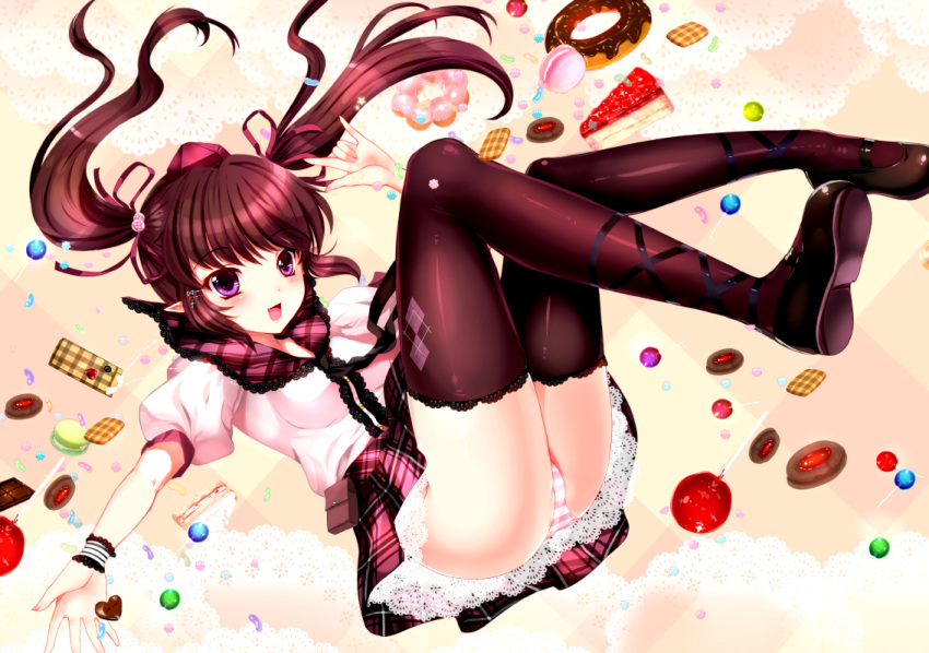 black_legwear black_thighhighs brown_hair cake candy candy_apple cellphone checkered checkered_skirt cross-laced_footwear falling food hat himekaidou_hatate lace legs lollipop long_hair macaron mary_janes necktie open_mouth panties petticoat phone pointy_ears purple_eyes sadakofxe shoes skirt smile solo striped striped_panties thigh-highs thighhighs tokin_hat touhou twintails underwear violet_eyes wrist_cuffs