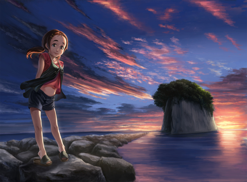 child cloud clouds freckles hair_ornament hairclip highres island legs navel original sandals sao9434 scenery shorts sky solo sunset twintails water