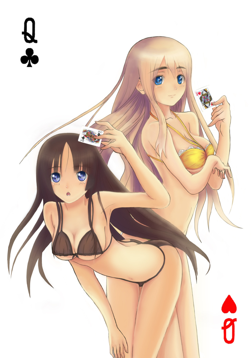 armpits bent_over bikini black_eyes black_hair blonde_hair blue_eyes breast_lift card card_(medium) cards halter_top halterneck highres holding holding_card k-on! kotobuki_tsumugi long_hair playing_card swimsuit yue_shu_ya