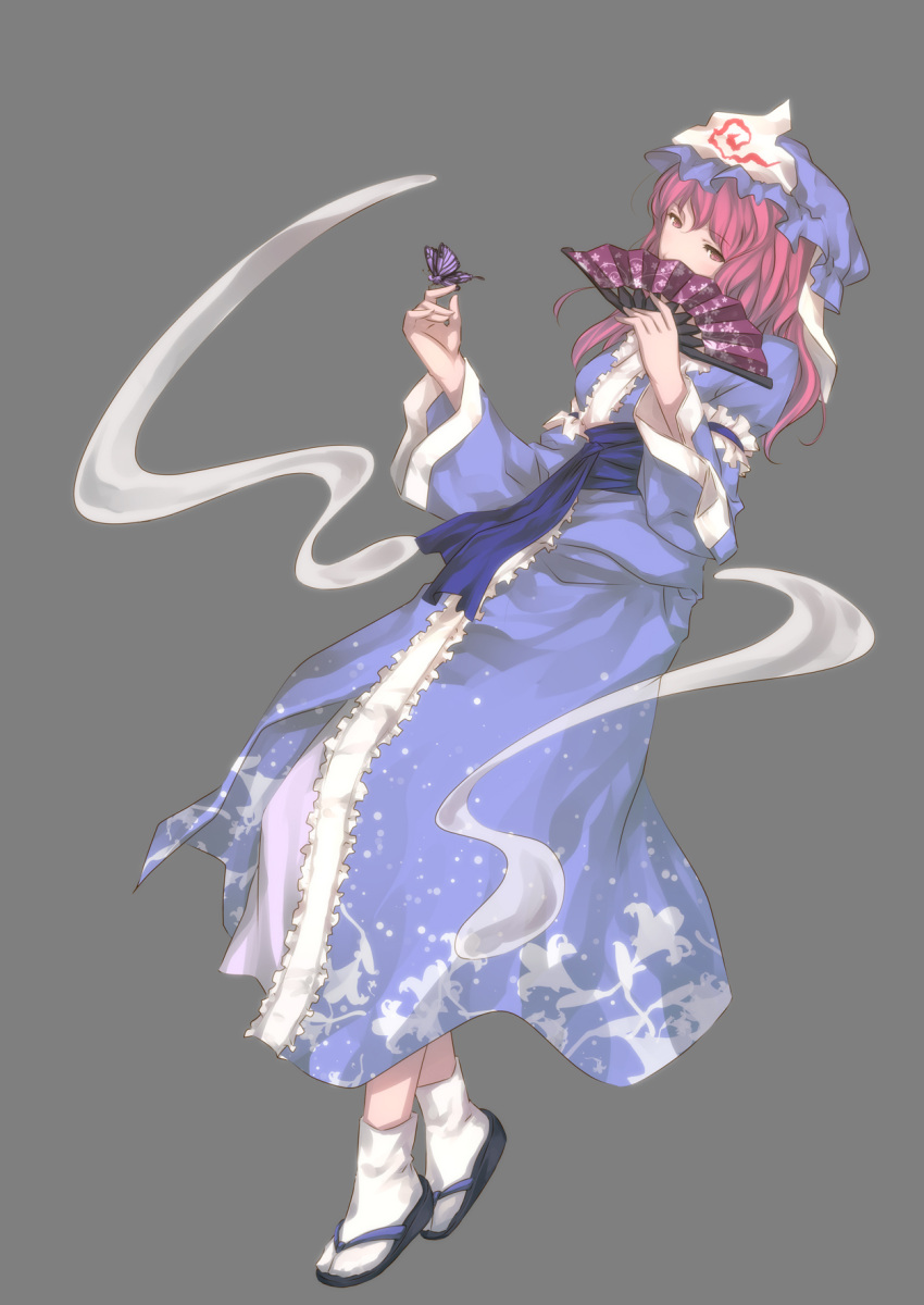 bad_id butterfly butterfly_on_hand covering_mouth fan ghost highres pink_eyes pink_hair saigyouji_yuyuko sandals short_hair simple_background solo touhou