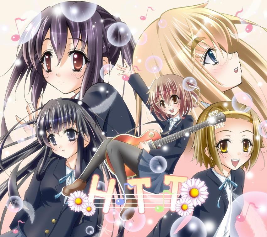 5girls akiyama_mio black_hair blazer blonde_hair blue_eyes blush brown_eyes brown_hair flower guitar hair_ornament hairband hairclip highres hirasawa_yui instrument k-on! kotobuki_tsumugi long_hair multiple_girls musical_note nakano_azusa necktie open_mouth quin_(himegata_alice) school_uniform short_hair skirt smile tainaka_ritsu twintails