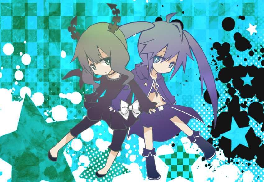 ahoge bad_id bangs bikini_top black_rock_shooter black_rock_shooter_(character) blue_eyes boots bow checkered checkered_background chibi coat dead_master glowing glowing_eyes green_eyes horns knee_boots long_hair multiple_girls navel shorts star twintails very_long_hair wings y-614