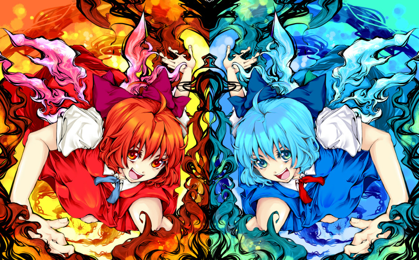 achi_cirno ahoge alternate_color alternate_element blue_dress bow cirno dress dual_persona fiery_wings fire hair_bow highres ice mirror_opposites multiple_girls nanami_(artist) red_dress red_eyes red_hair redhead ribbon short_hair solo symmetrical_hand_pose symmetry touhou wings