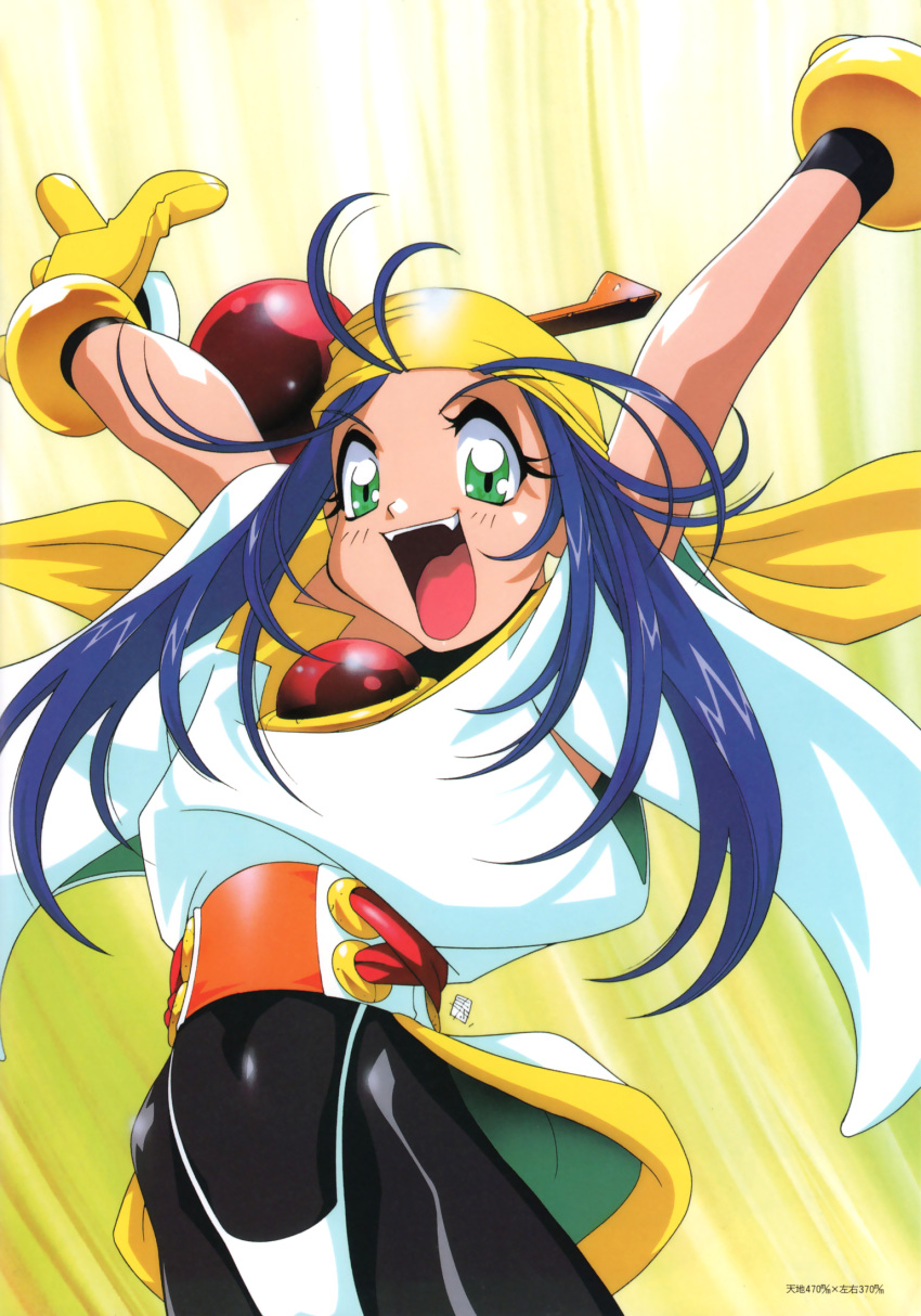 arms_up blue_hair fang gloves highres lime lime_(saber_j) long_hair open_mouth saber_marionette_j solo spandex