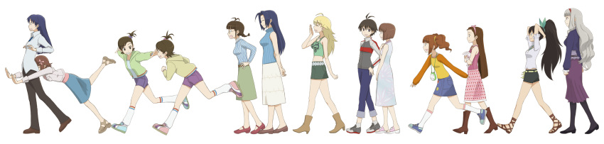 :d absurdres ahoge akizuki_ritsuko amami_haruka antenna_hair arms_behind_back arms_behind_head artist_request belt black_eyes black_hair blue_eyes blue_hair book braid brown_hair closed_eyes dress futami_ami futami_mami ganaha_hibiki glasses grin hagiwara_yukiho hair_bobbles hair_ornament hairband hand_on_chest hands_on_hips highres hoshii_miki idolmaster kikuchi_makoto kisaragi_chihaya legs midriff minase_iori miura_azusa multiple_girls open_mouth pantyhose ponytail profile running sandals shijou_takane shoes short_shorts shorts sibling siblings side_ponytail silver_hair simple_background skirt smile sneakers socks stuffed_animal stuffed_bunny stuffed_rabbit stuffed_toy takatsuki_yayoi tripping twins twintails walking yawning