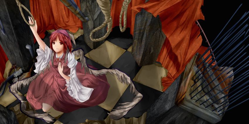 checkered curtains dress from_above hat highres looking_up metalwasabi mystia_lorelei noose red_eyes red_hair redhead rope sad short_hair sitting touhou wide_sleeves wings