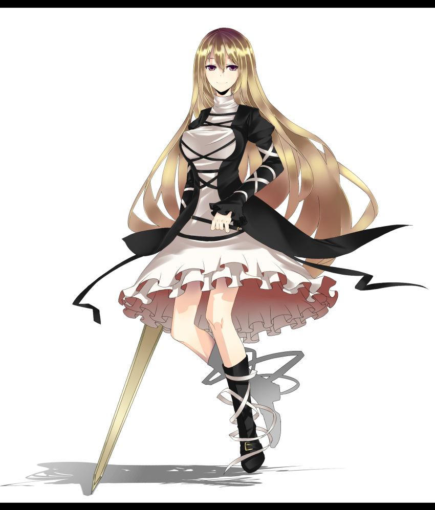 brown_eyes dress floating gradient_hair highres hijiri_byakuren leg_ribbon long_hair multicolored_hair shinoi shiny shiny_hair simple_background smile star_sword_apologetics sword touhou weapon yellow_eyes