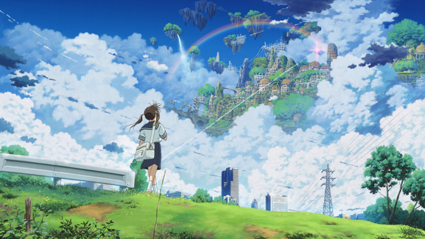 brown_hair cityscape cloud clouds condensation_trail contrail floating_castle floating_island from_behind grass isai_shizuka long_hair power_lines rainbow scenery school_uniform serafuku skirt sky solo tree twintails water waterfall