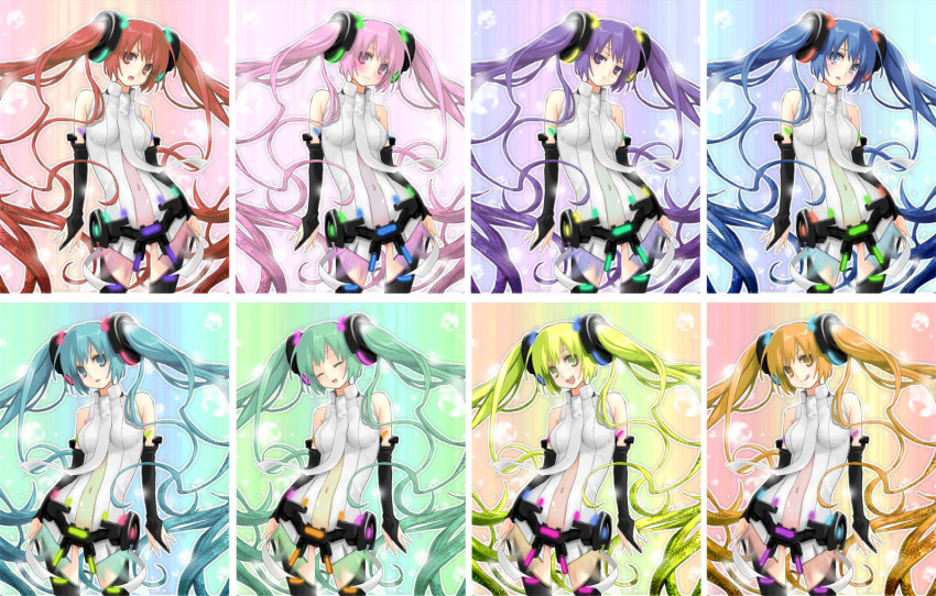 alternate_color blush bridal_gauntlets colorful hatsune_miku hatsune_miku_(append) highres ichijo_kingdom koshino_nose long_hair miku_append necktie pixiv_manga_sample smile thigh-highs thighhighs tongue twintails very_long_hair vocaloid vocaloid_append