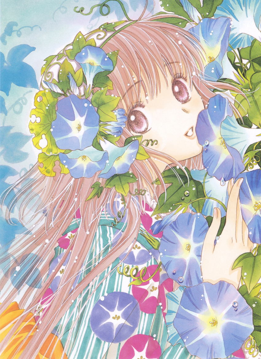 brown_eyes brown_hair clamp flower hanato_kobato happy headdress kimono kobato long_hair pink_hair