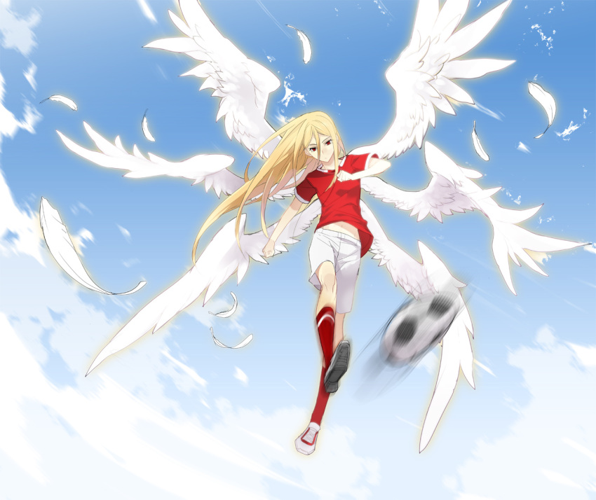 afuro_terumi angel ball blonde_hair cloud feathers inazuma_eleven izumi_(nagashi) kicking long_hair multiple_wings red_eyes seraph shorts sky soccer soccer_ball t-shirt telstar wings