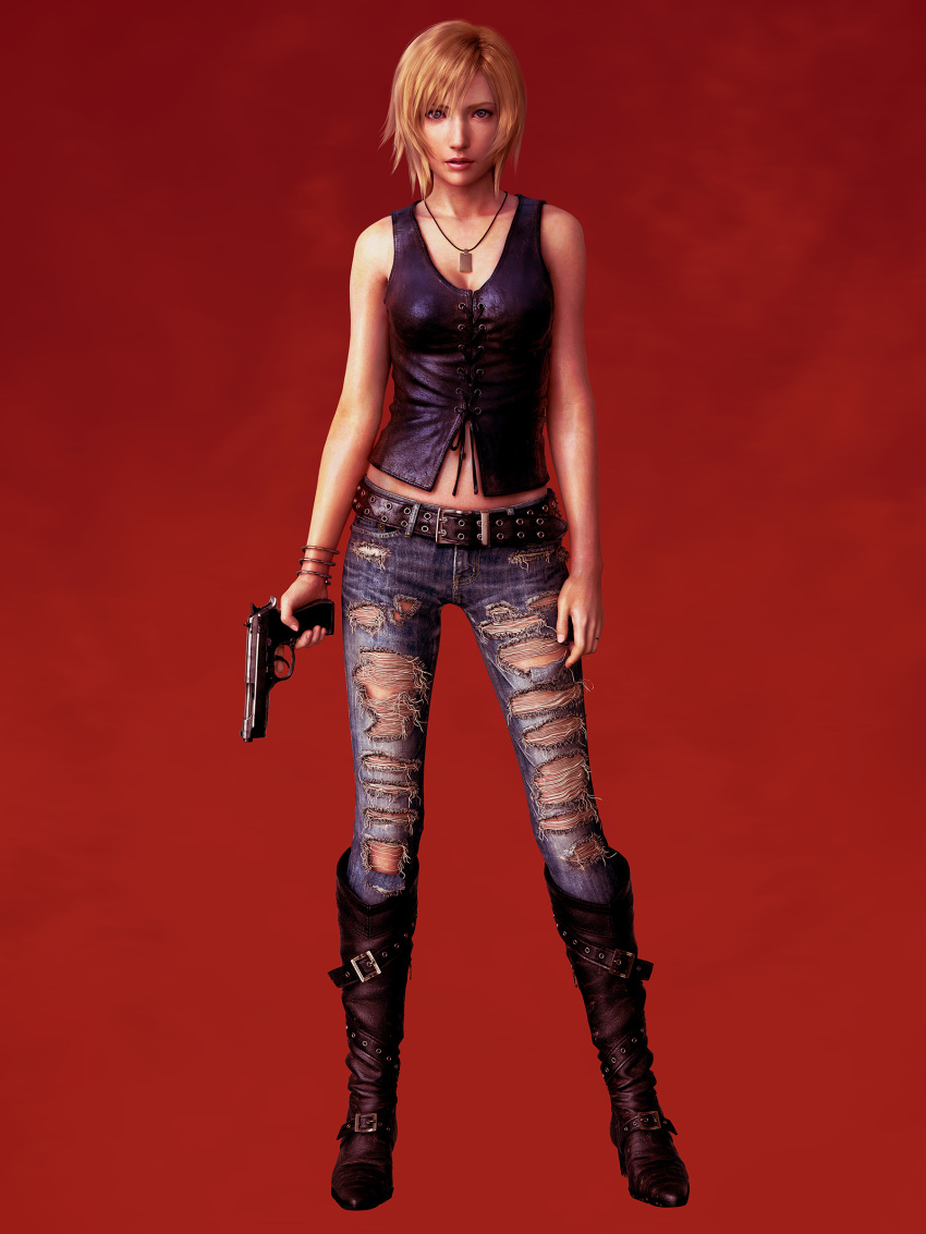 absurdres aya_brea bare_shoulders belt beretta_92 blonde_hair blue_eyes boots bracelet breasts cg cleavage denim gun handgun highres jeans jewelry knee_boots lips lipstick midriff navel necklace official_art open_mouth parasite_eve parasite_eve_the_3rd_birthday pistol realistic red_lipstick ring short_hair simple_background solo square_enix standing studded_belt tank_top torn_clothes torn_jeans weapon wedding_band