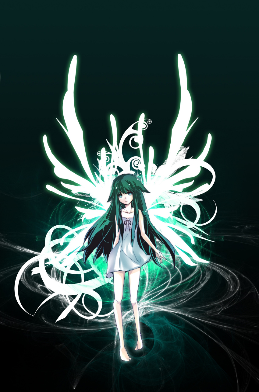 aqua_eyes barefoot dress flat_chest highres long_hair rita_(artist) saya saya_no_uta solo sundress very_long_hair wings