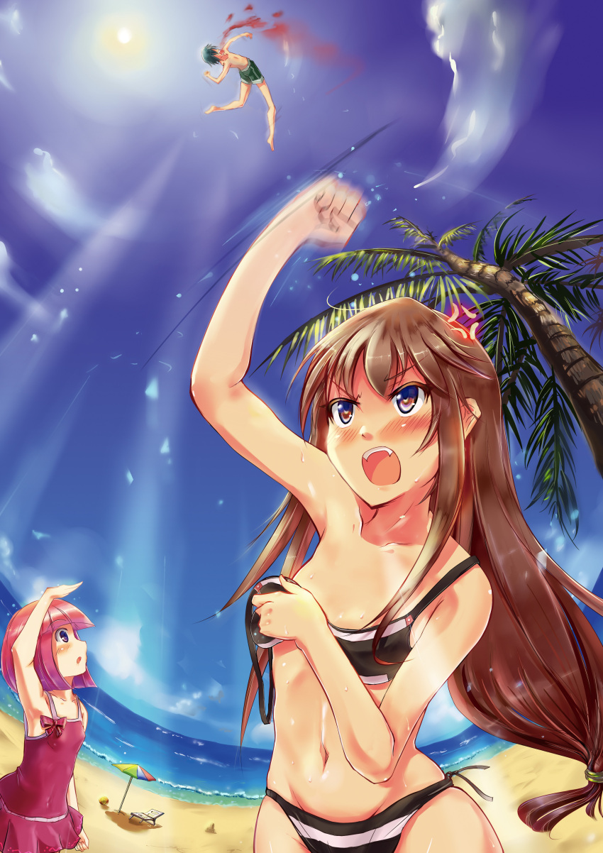 akai_ringo angry beach bikini blood blush brown_eyes brown_hair clenched_hand cloud clouds fisheye flat_chest gogetu hair_ornament hairclip highres long_hair morino_ryoushi nosebleed one-piece_swimsuit ookami-san ookami-san_to_shichinin_no_nakamatachi ookami_ryouko palm palm_tree parasol punching raised_fist sky strap_slip sun swim_trunks swimsuit teeth tree umbrella uppercut water