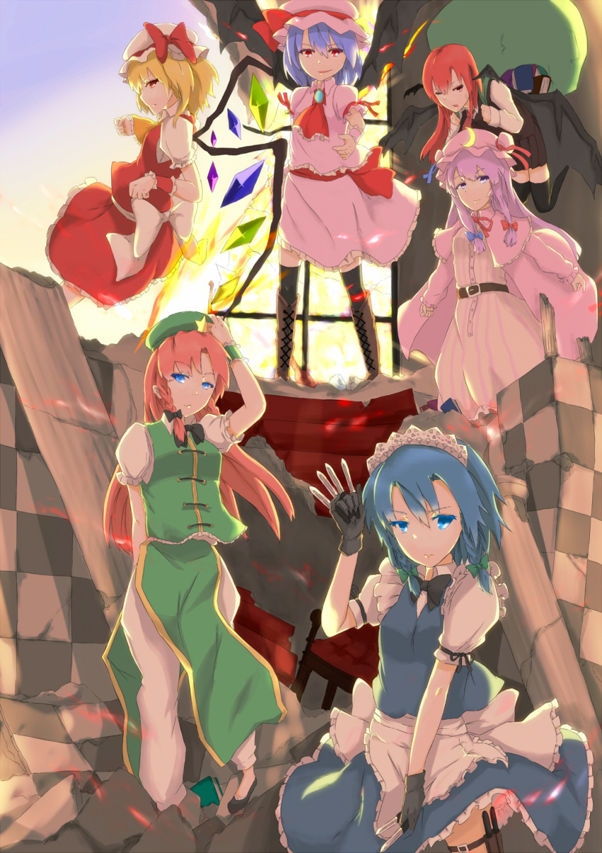 blonde_hair blue_eyes blue_hair braid chinese_clothes crescent flandre_scarlet hat head_wings highres hong_meiling izayoi_sakuya knife koakuma long_hair maid maid_headdress multiple_girls patchouli_knowledge purple_eyes purple_hair red_eyes red_hair remilia_scarlet short_hair siba_(joker) the_embodiment_of_scarlet_devil touhou twin_braids wings