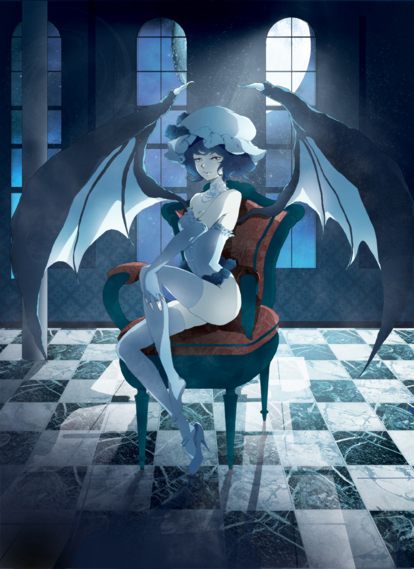 bare_shoulders barefoot bat_wings blue_hair blue_rose chair checkered checkered_floor corset demon_wings elbow_gloves fingerless_gloves flower gloves hat high_heels highres legs maryo moon moonlight night red_eyes remilia_scarlet rose shoe_dangle shoes short_hair single_shoe sitting skindentation smile smirk solo thigh-highs thighhighs touhou window wings