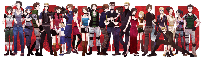 absurdres ada_wong albert_wesker angry arm_up ashley_graham bazooka belt bike_shorts billy_coen black_hair blonde_hair blue_eyes blue_hair blush blush_stickers boots breasts brown_eyes brown_hair carlos_oliveira child choker chris_redfield claire_redfield cleavage closed_eyes cuffs dress earrings everyone excella_gionne fish gloves green_eyes grin gun hair_bun hair_over_one_eye hand_on_head hand_on_hip handcuffs handgun hat headset highres holding_hands jeans jewelry jill_valentine knife leggings leon_s_kennedy necklace open_mouth pendant ponytail rebecca_chambers resident_evil resident_evil_2 resident_evil_3 resident_evil_4 resident_evil_5 rocket_launcher scarf shaded_face sherry_birkin sheva_alomar short_hair skirt smile squatting steve_burnside sudachips sunglasses sweat sweatdrop tears weapon wink zipper