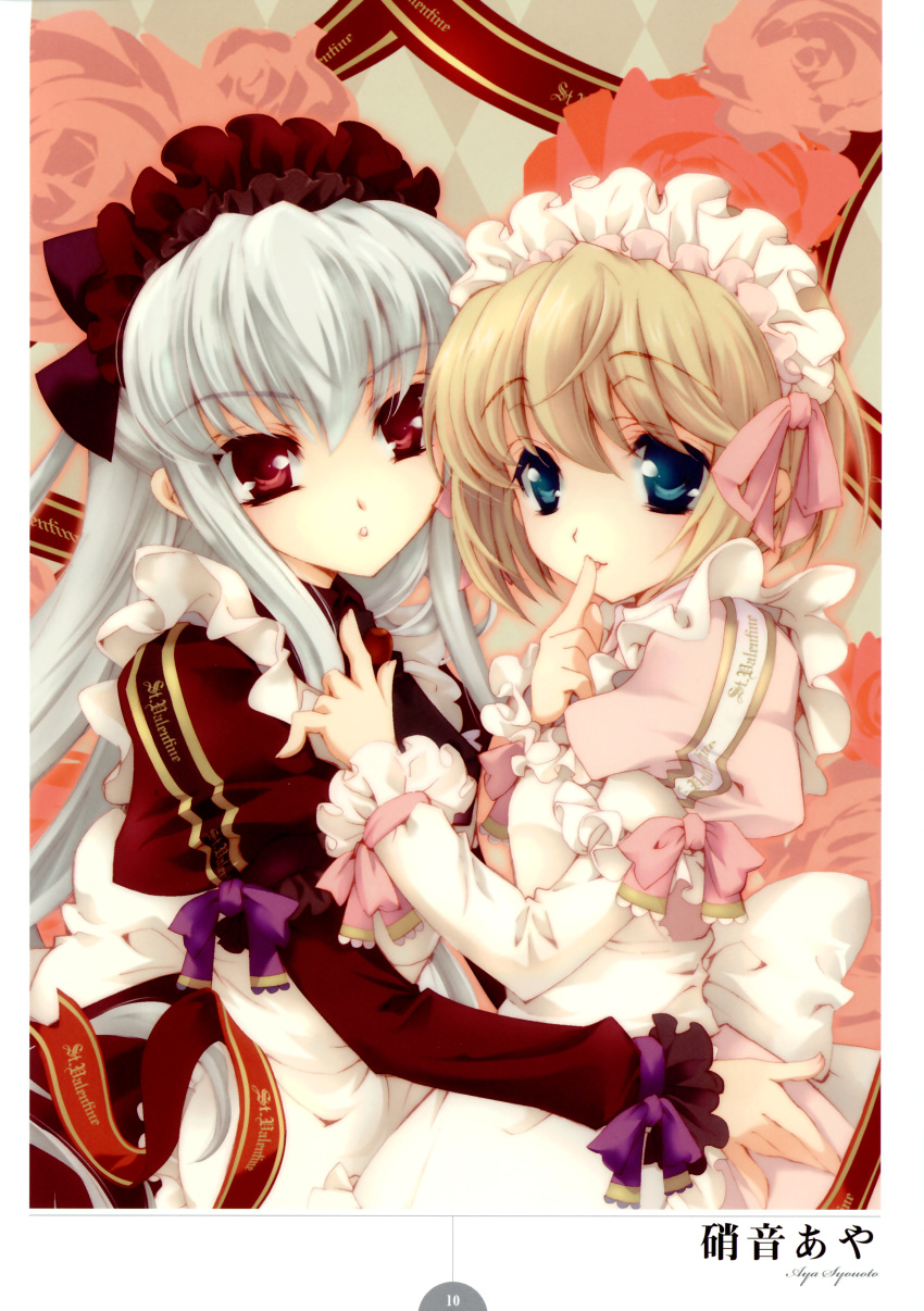 absurdres astarte_(epitaph) blonde_hair dress epitaph finger_to_mouth highres lolita_fashion multiple_girls red_eyes shouoto_aya silver_hair towa_(epitaph) yuri