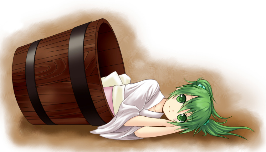 girl_in_bucket green_eyes green_hair hair_bobbles hair_ornament in_bucket in_container kisume looking_at_viewer on_side setona_(daice) smile solo touhou twintails