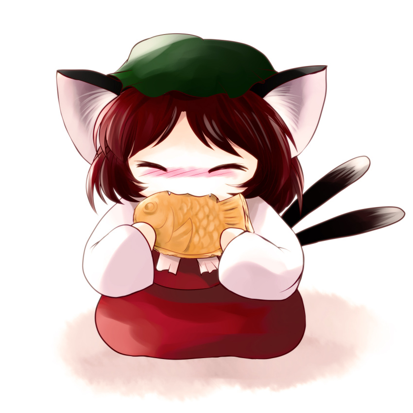 animal_ears biting blush brown_hair cat_ears cat_tail chen chibi closed_eyes eating fang fangs fish food hat highres multiple_tails simple_background skirt solo tail taiyaki touhou wagashi yume_shokunin