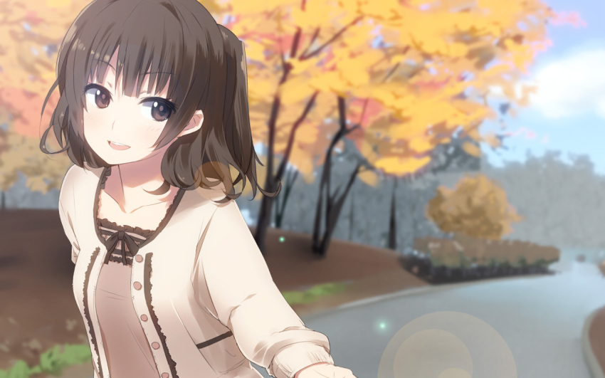 blush brown_eyes brown_hair casual depth_of_field h@ll long_hair open_mouth original sky smile solo tree twintails wallpaper