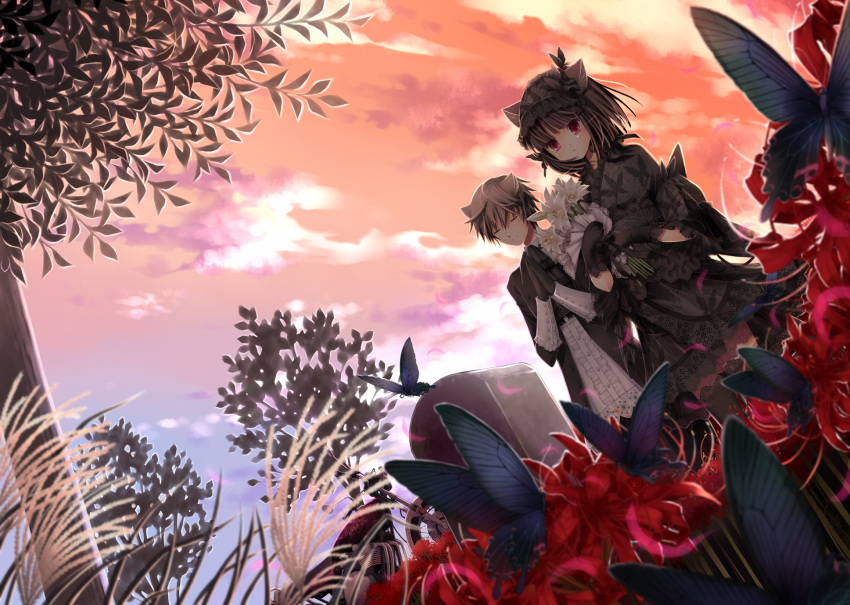 black_gloves brother_and_sister brown_hair butterfly cat_ears closed_eyes couple dog_ears flower gloves graveyard highres kanzaki_hayato kanzaki_miku kuroinu lily_(flower) motor_vehicle motorcycle original praying red_eyes red_sky short_hair siblings spider_lily tombstone vehicle