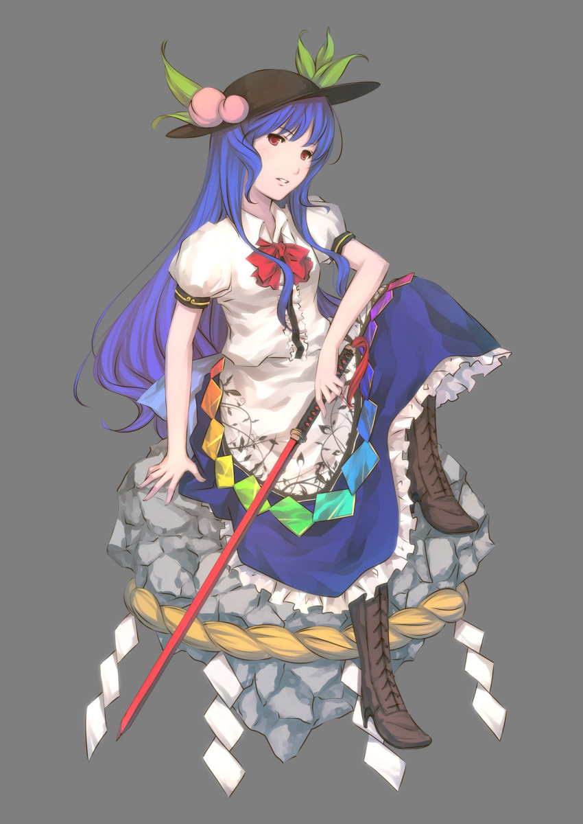 bad_id boots cross-laced_footwear food fruit hat high_heels highres hinanawi_tenshi keystone lace-up_boots long_skirt peach shoes sitting skirt solo sword sword_of_hisou touhou weapon