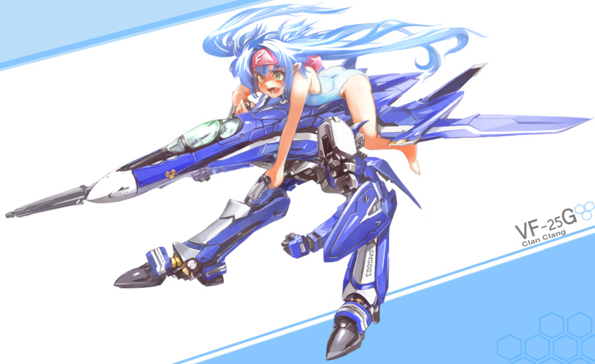 blue_hair child eyebrows gerwalk giantess green_eyes gun gunpod klan_klein long_hair macross macross_frontier mecha meltrandi mikhail_buran pointy_ears riding rifle s.m.s. sachito shield swimsuit very_long_hair vf-25 weapon zentradi