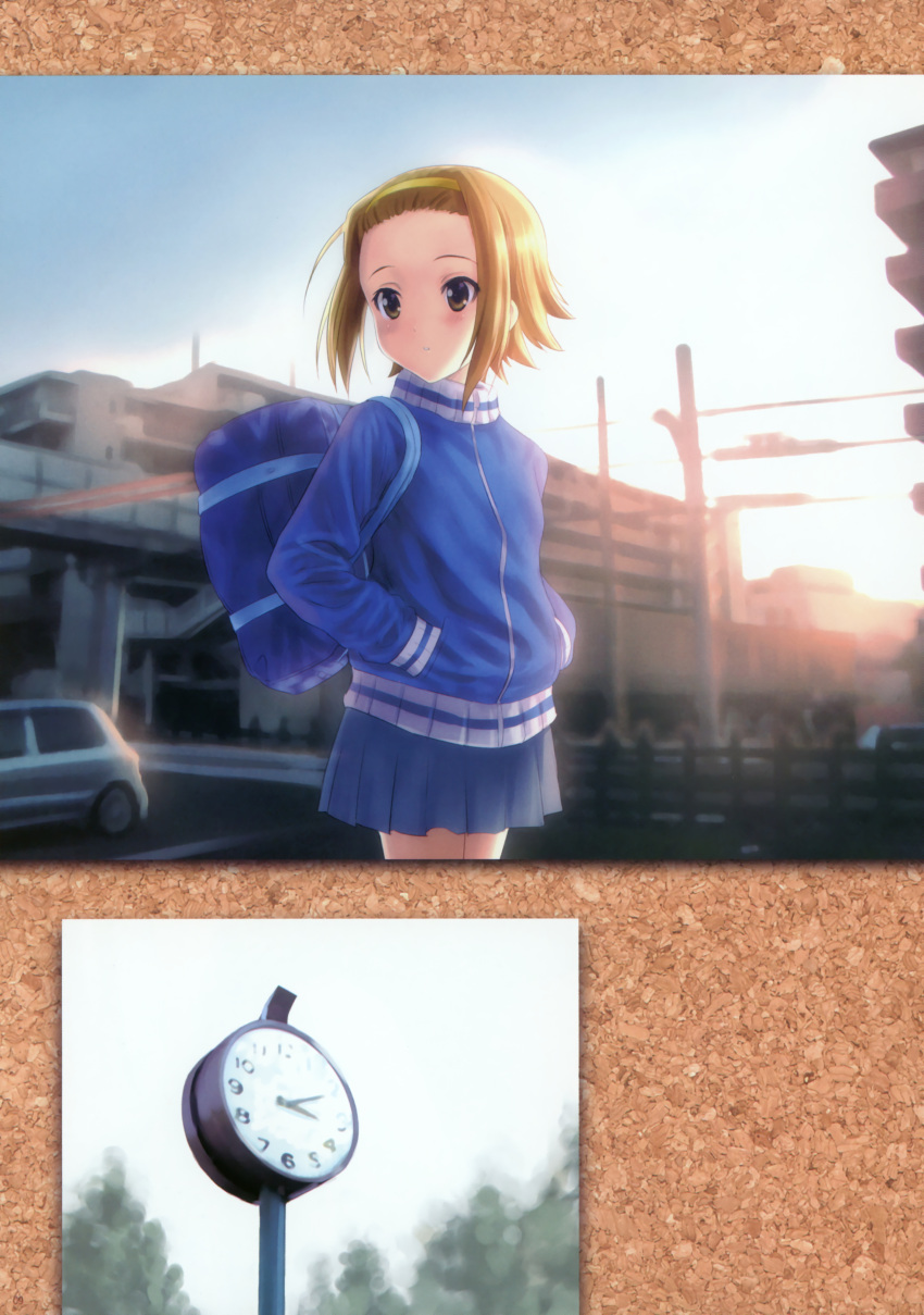 bag brown_hair clock goto_p hairband hand_in_pocket hands_in_pockets highres k-on! long_sleeves school_bag short_hair skirt solo tainaka_ritsu track_jacket