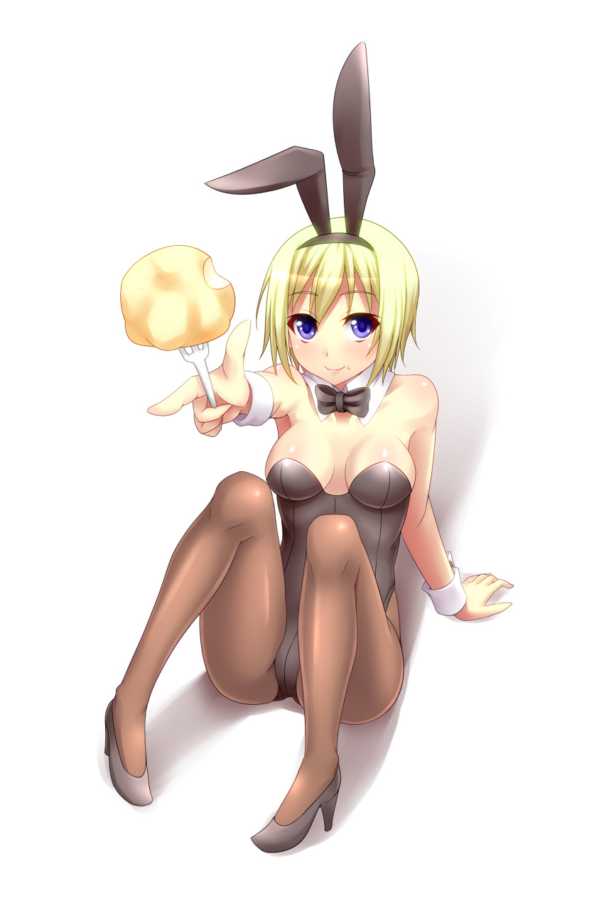 animal_ears bad_id blonde_hair blue_eyes bunny_ears bunnysuit erica_hartmann food foreshortening fork high_heels highres pantyhose potato rabbit_ears shoes short_hair solo strike_witches surume_(clavis) tan_pantyhose