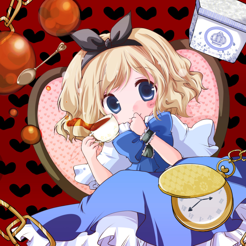 alice_margatroid alice_margatroid_(pc-98) annotated blonde_hair blue_eyes blush bow chain chair dress frilled_dress frills futami_yayoi hair_bow hair_ornament hairband heart highres pocket_watch spoon stopwatch touhou touhou_(pc-98) watch
