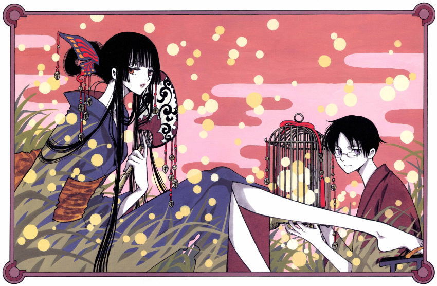 1girl absurdres bangs bell black_hair blunt_bangs cage clamp egasumi fan glasses highres hime_cut ichihara_yuuko japanese_clothes kimono official_art paper_fan uchiwa watanuki_kimihiro xxxholic