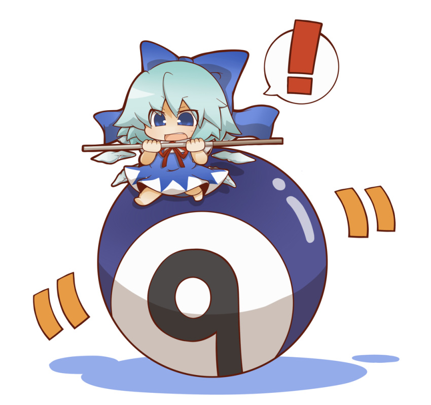 1girl balancing ball billiard_ball billiards blue_eyes blue_hair bow chibi cirno gurageida hair_bow minigirl open_mouth pole ribbon solo touhou wings ⑨