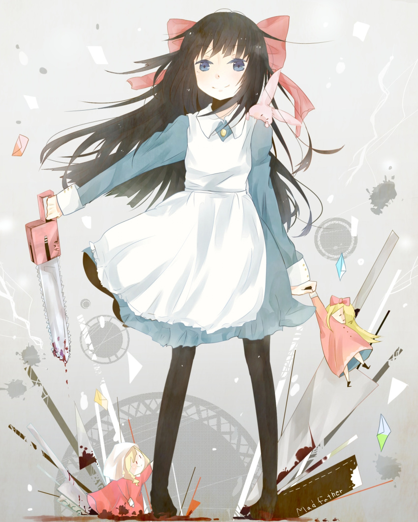 1girl absurdres aya_drevis black_hair blood blood_on_weapon blue_eyes bow chainsaw doll hair_bow highres hiite-usagi holding_chainsaw holding_weapon huge_bow letter long_hair mad_father pantyhose rabbit smile solo weapon