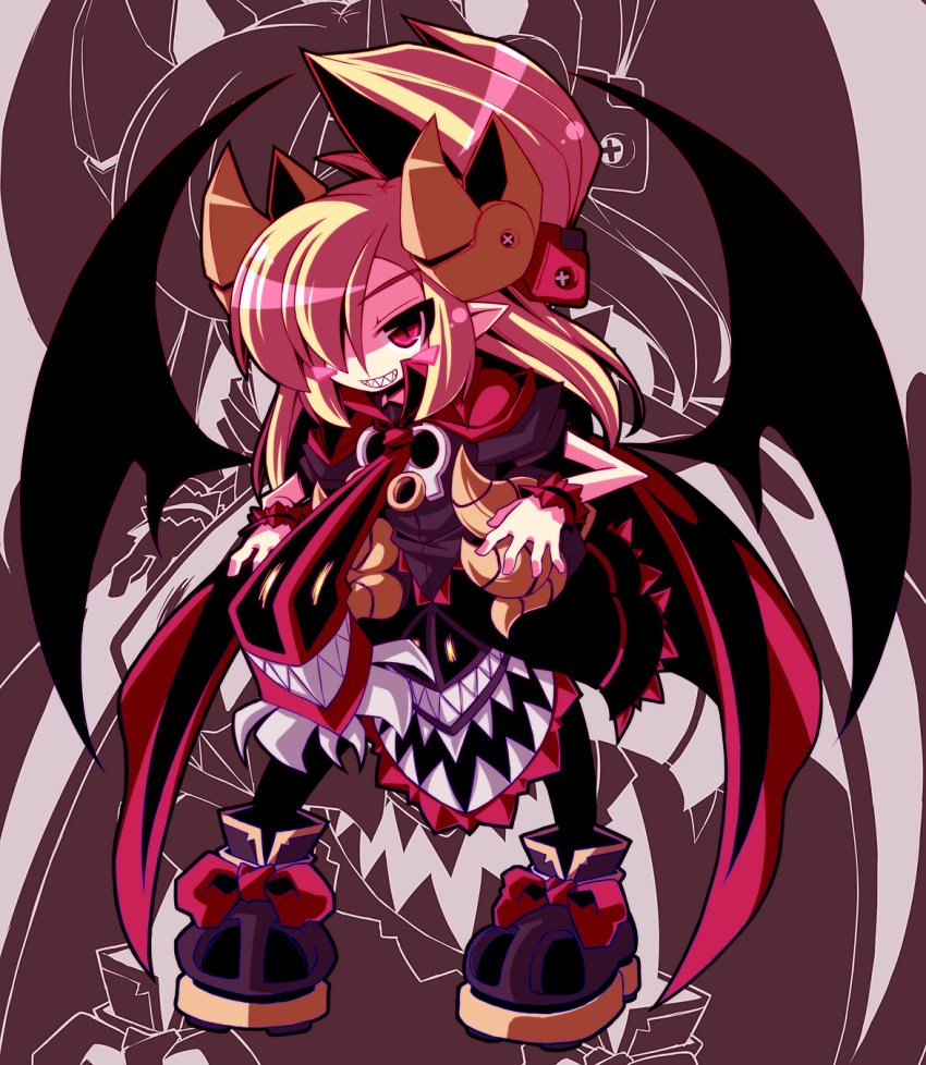 character_request crazy_developers demon_girl highres long_hair original pointy_ears red_eyes slit_eyes slit_pupils smile solo wings wrist_cuffs